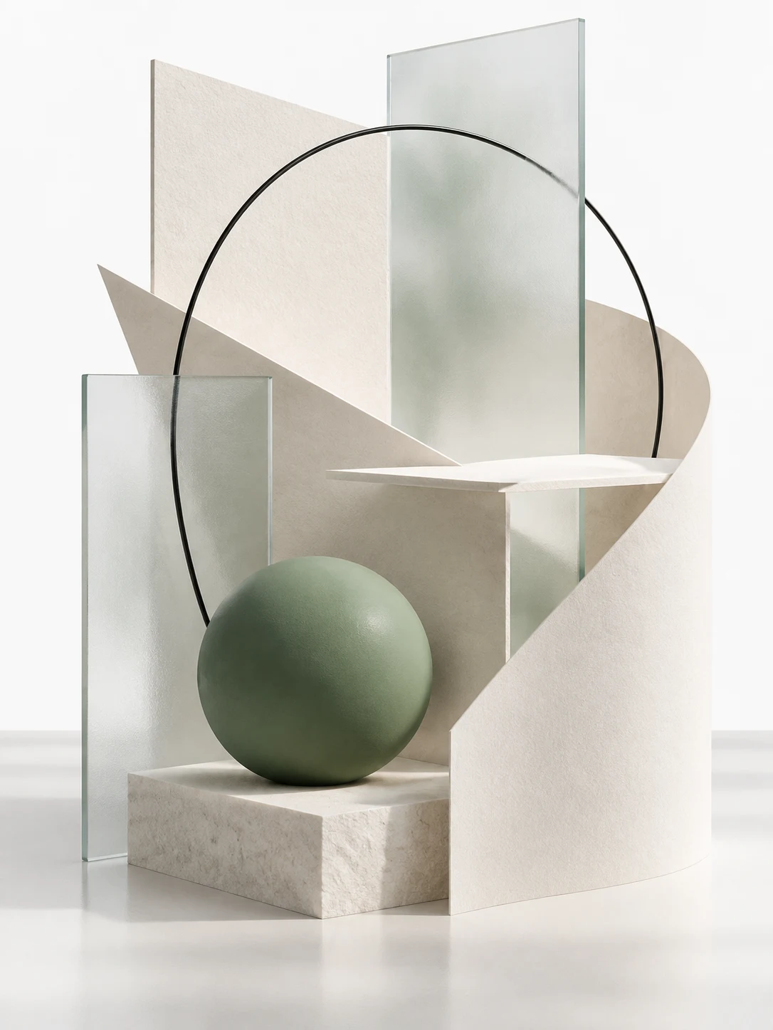 Abstract paper, glass and sage-green forms arranged in soft light